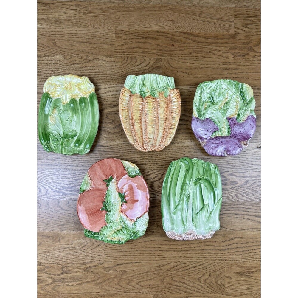 Vintage Majolica Pottery Vegetable Plates Made In Italy - Set of Five